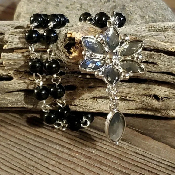 Victorian Style Black Silver and Smoke Navette Flower Pendant Necklace - Picture 2 of 5